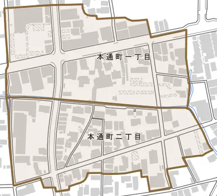 本通町とその周辺の地図。町の範囲を重ねている