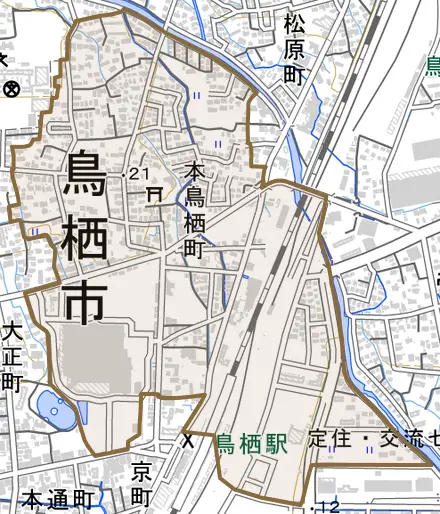 本鳥栖町とその周辺の地図。町の範囲を重ねている