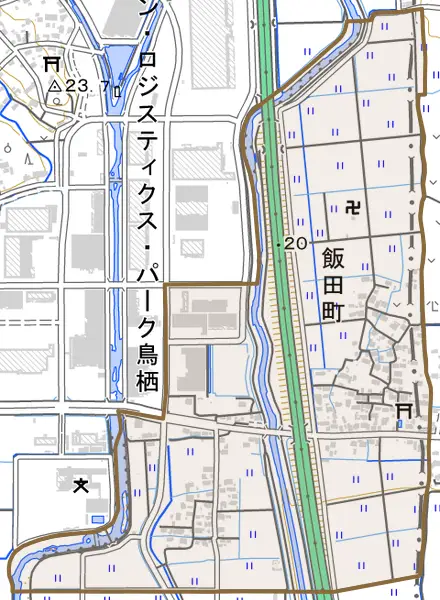 飯田町とその周辺の地図。町の範囲を重ねている