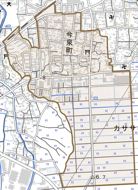 今泉町とその周辺の地図。町の範囲を重ねている