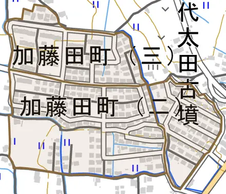 加藤田町とその周辺の地図。町の範囲を重ねている