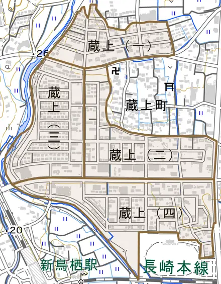蔵上とその周辺の地図。町の範囲を重ねている
