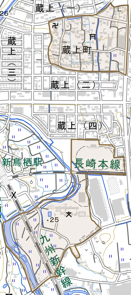 蔵上町とその周辺の地図。町の範囲を重ねている