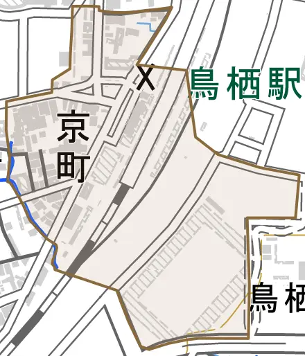 京町とその周辺の地図。町の範囲を重ねている
