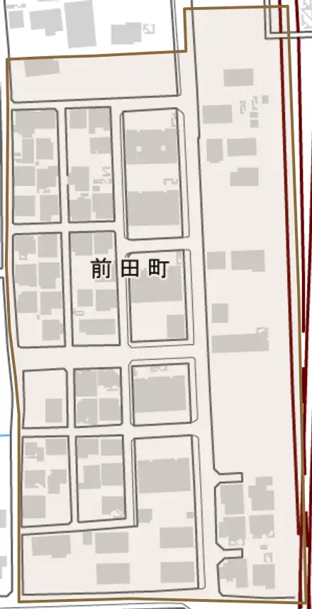 前田町とその周辺の地図。町の範囲を重ねている