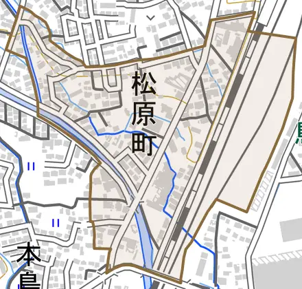 松原町とその周辺の地図。町の範囲を重ねている