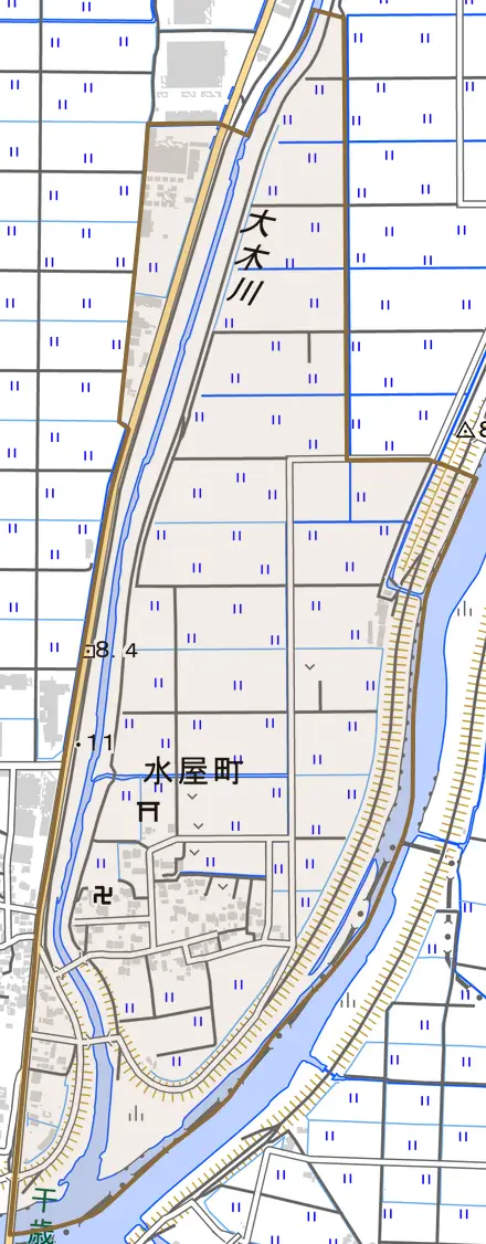 水屋町とその周辺の地図。町の範囲を重ねている