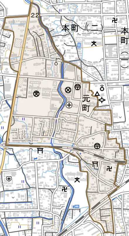 元町とその周辺の地図。町の範囲を重ねている