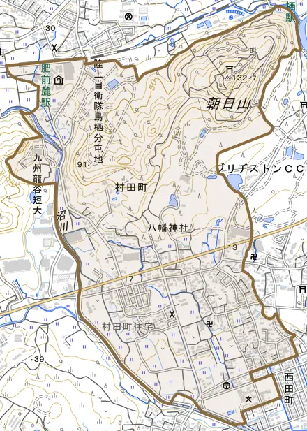 村田町とその周辺の地図。町の範囲を重ねている
