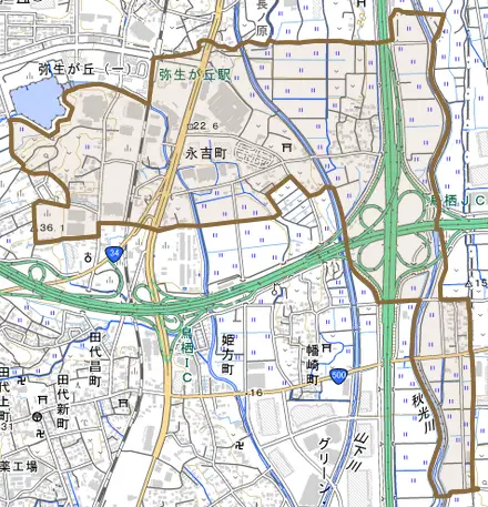 永吉町とその周辺の地図。町の範囲を重ねている