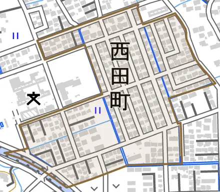 西田町とその周辺の地図。町の範囲を重ねている
