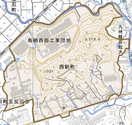 西新町とその周辺の地図。町の範囲を重ねている