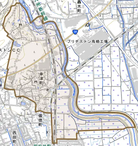 幸津町とその周辺の地図。町の範囲を重ねている