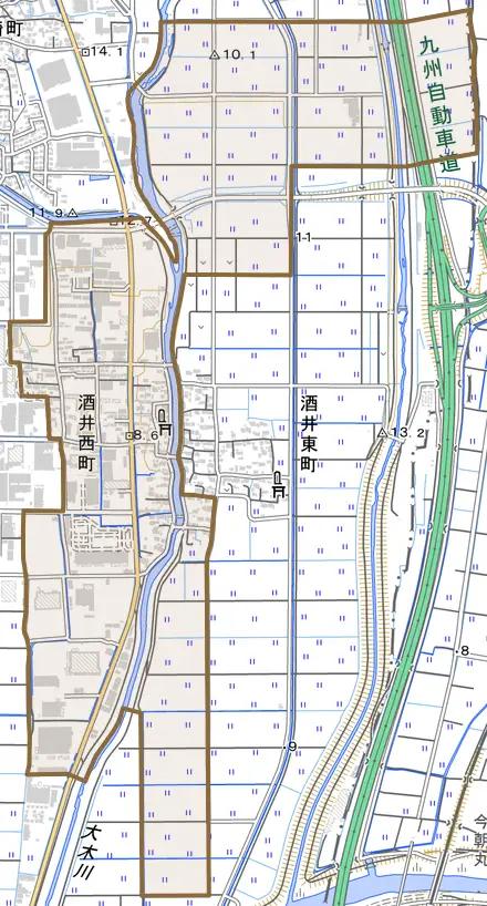 酒井西町とその周辺の地図。町の範囲を重ねている