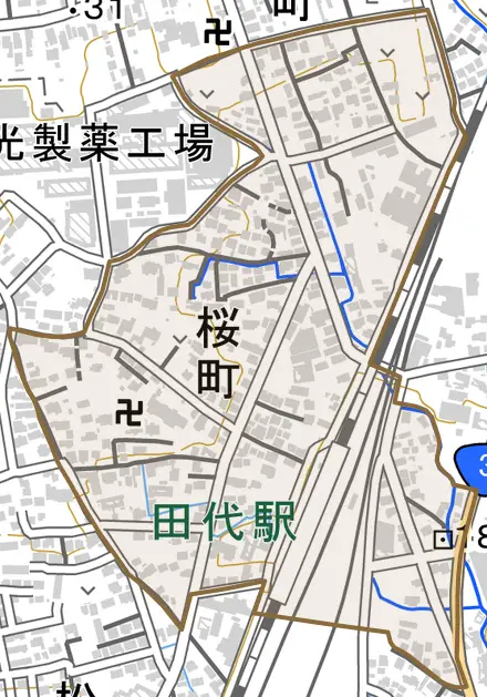 桜町とその周辺の地図。町の範囲を重ねている