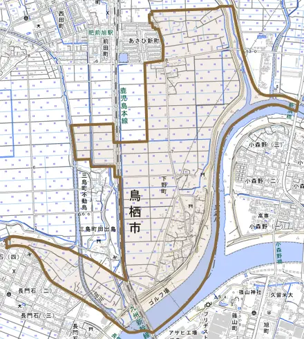 下野町とその周辺の地図。町の範囲を重ねている