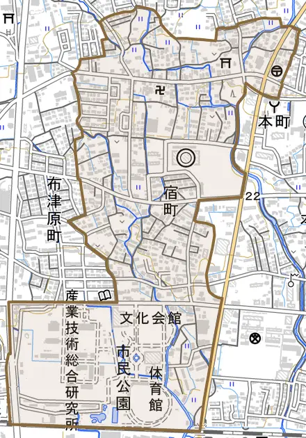 宿町とその周辺の地図。町の範囲を重ねている