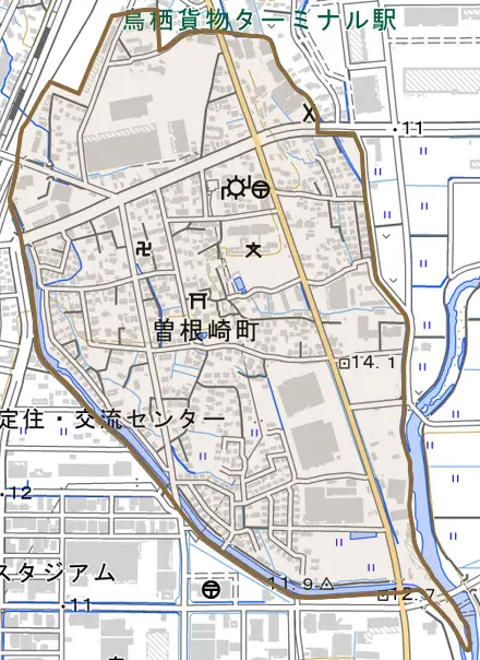 曽根崎町とその周辺の地図。町の範囲を重ねている