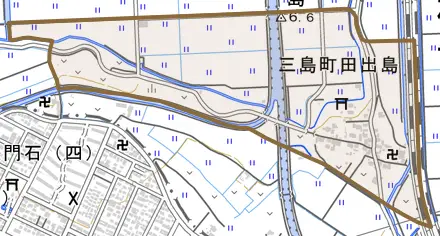 三島町田出島とその周辺の地図。町の範囲を重ねている