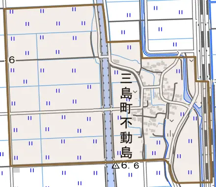 三島町不動島とその周辺の地図。町の範囲を重ねている