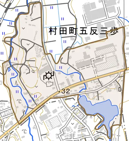 村田町五反三歩とその周辺の地図。町の範囲を重ねている