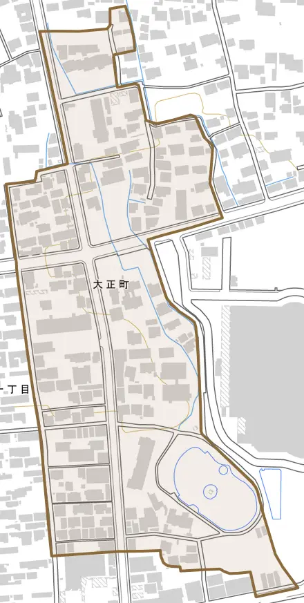 大正町とその周辺の地図。町の範囲を重ねている