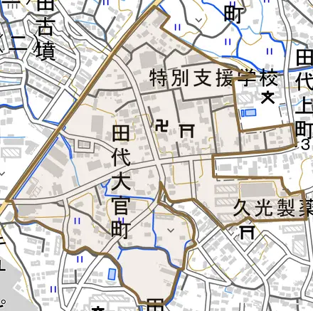 田代大官町とその周辺の地図。町の範囲を重ねている