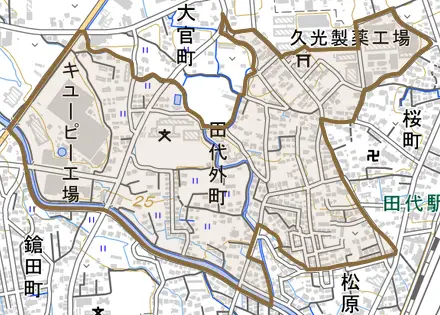 田代外町とその周辺の地図。町の範囲を重ねている
