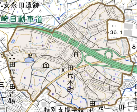 田代本町とその周辺の地図。町の範囲を重ねている