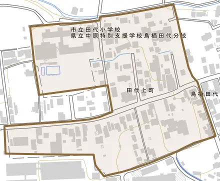 田代上町とその周辺の地図。町の範囲を重ねている