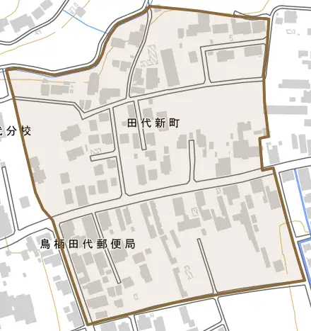 田代新町とその周辺の地図。町の範囲を重ねている
