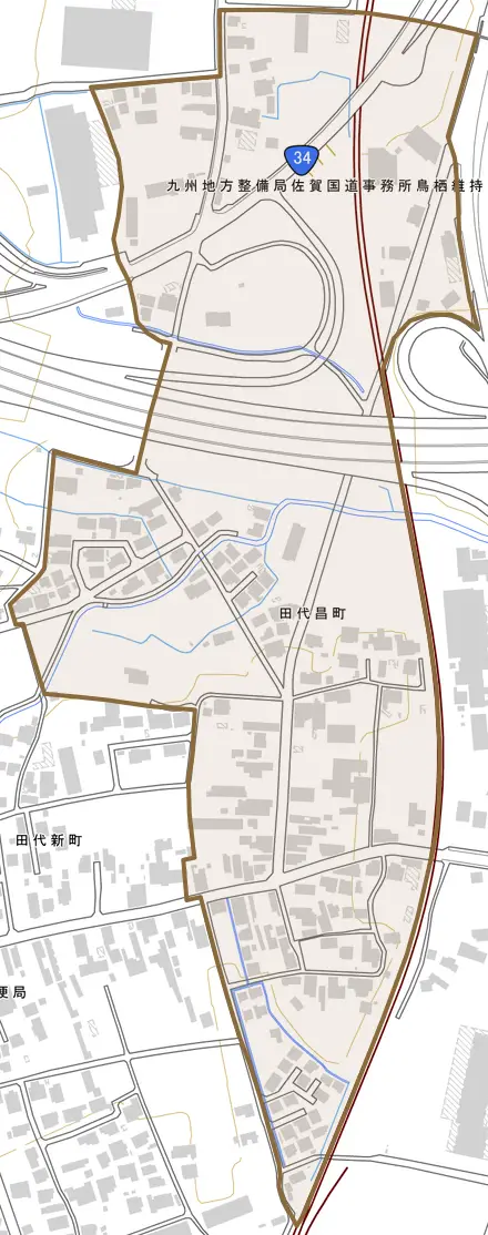 田代昌町とその周辺の地図。町の範囲を重ねている