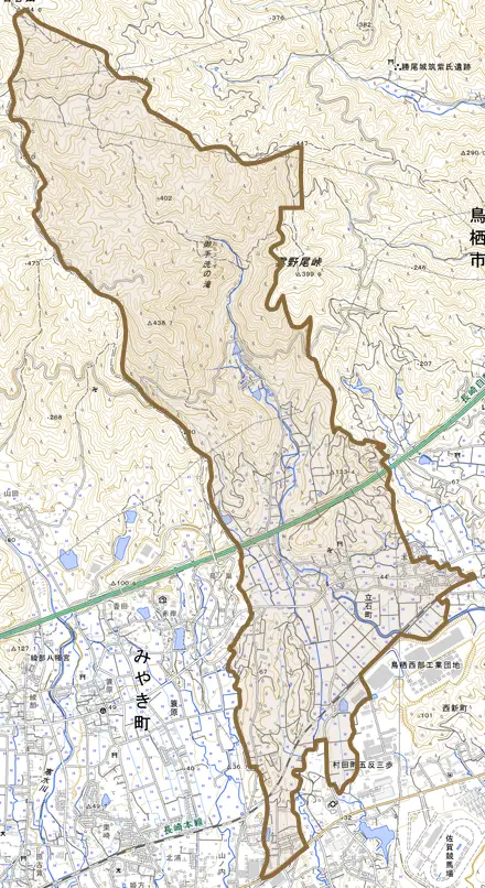 立石町とその周辺の地図。町の範囲を重ねている