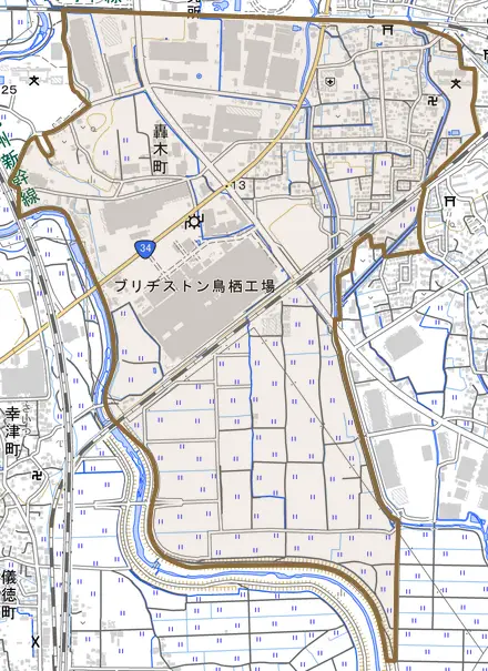 轟木町とその周辺の地図。町の範囲を重ねている