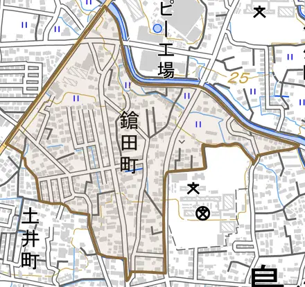 鎗田町とその周辺の地図。町の範囲を重ねている