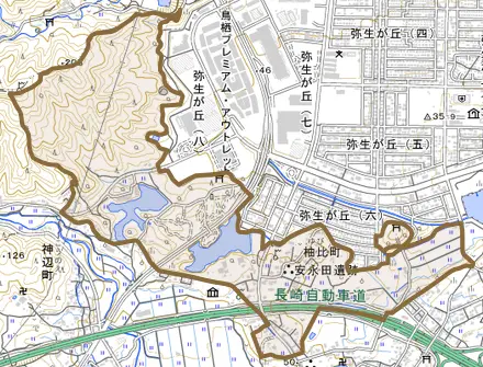 柚比町とその周辺の地図。町の範囲を重ねている