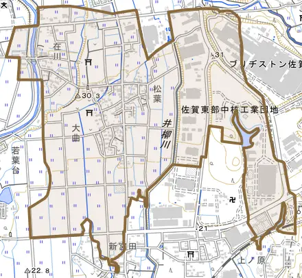 大曲とその周辺の地図。町の範囲を重ねている