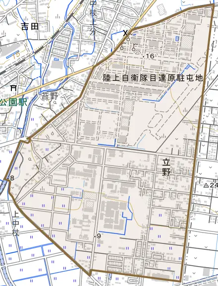 立野とその周辺の地図。町の範囲を重ねている
