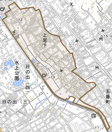 大字上尾下とその周辺の地図。町の範囲を重ねている