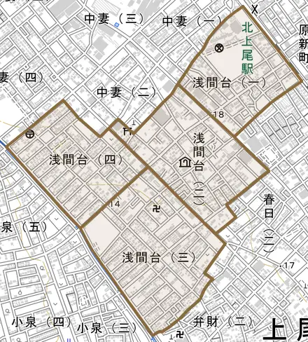 浅間台とその周辺の地図。町の範囲を重ねている