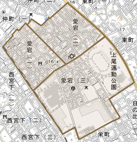 愛宕とその周辺の地図。町の範囲を重ねている