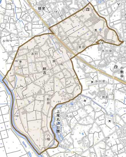 大字畔吉とその周辺の地図。町の範囲を重ねている