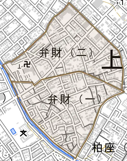 弁財とその周辺の地図。町の範囲を重ねている