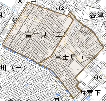 富士見とその周辺の地図。町の範囲を重ねている