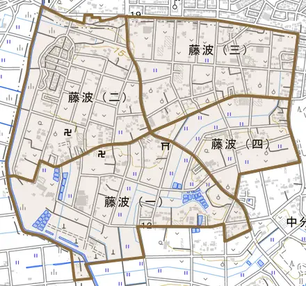 藤波とその周辺の地図。町の範囲を重ねている