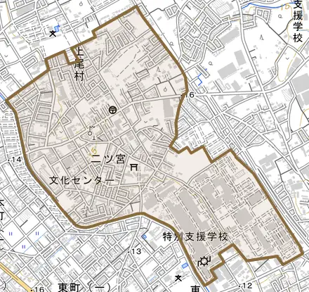 二ツ宮とその周辺の地図。町の範囲を重ねている
