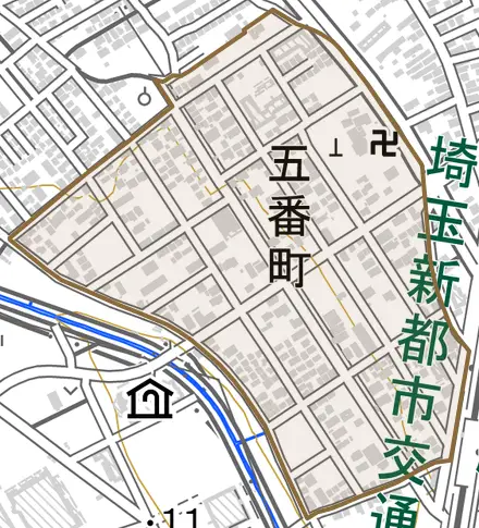 五番町とその周辺の地図。町の範囲を重ねている