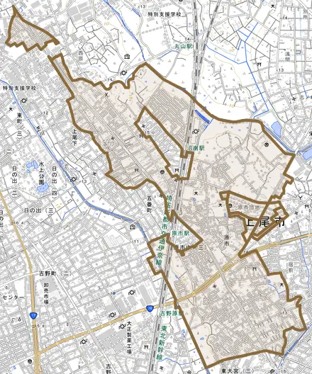 大字原市とその周辺の地図。町の範囲を重ねている
