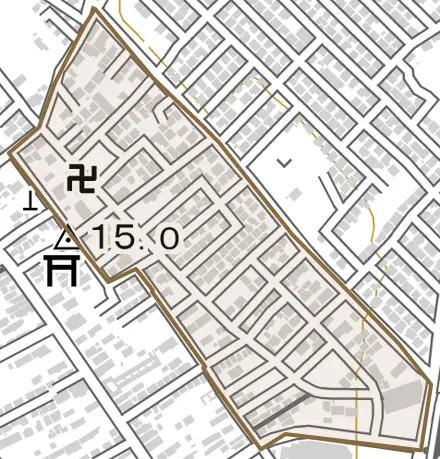 原市北とその周辺の地図。町の範囲を重ねている