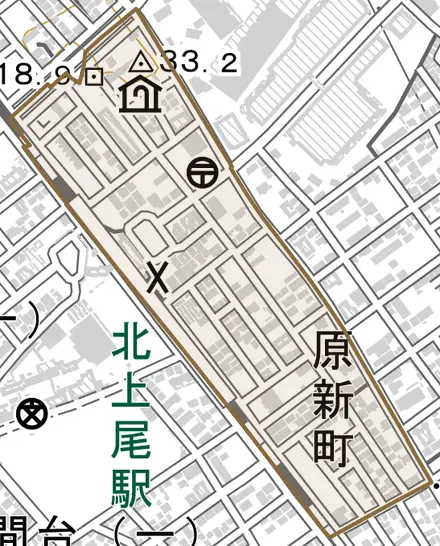 原新町とその周辺の地図。町の範囲を重ねている